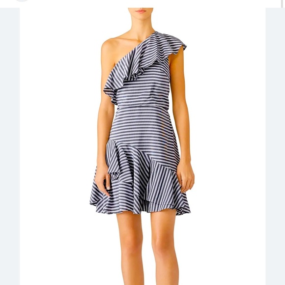 Halston Heritage Grey Stripe Ruffle One-Shoulder Dress Size 0 - Picture 1 of 7